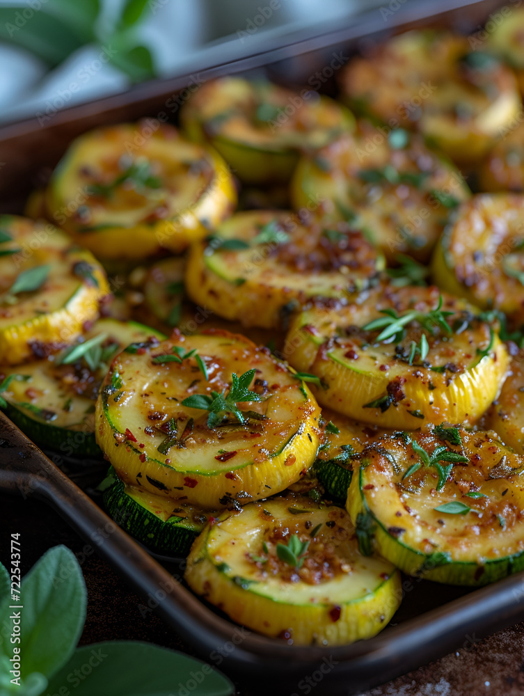 Roasted Yellow Squash Rounds Seasoned with Herbs in Ceramic Dish, Gourmet Side Dish Roasted Yellow Squash Rounds Seasoned with Herbs in Ceramic Dish, Gourmet Side Dish