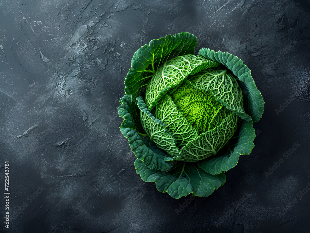Fototapeta premium Savoy Cabbage on Dark Slate Background, Fresh Leafy Green Vegetable, Top View