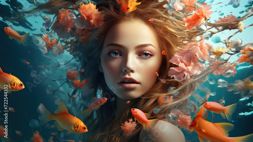 Beautiful young woman with fish in the water