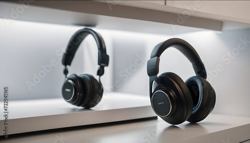 Premium noise-canceling headphones positioned on a clean white shelf © Dragon Stock