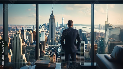CEO in a modern office, confidently addressing a team with a cityscape visible through the window photo