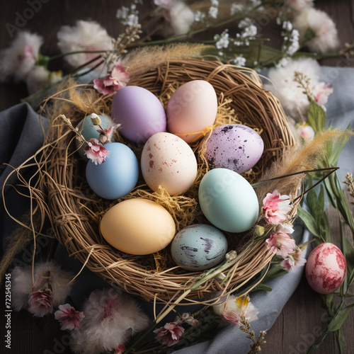 Happy Easter! Banner with pastel colored easter eggs in a basket.