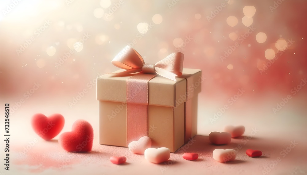 Holiday background valentine with gift box, bow, with hearts, bokeh in pastel peach fuzz,red tones