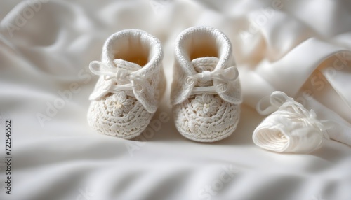 Tiny baby booties tiptoeing delicately on a pure white surface