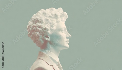 Stone sculpture of a man's head dressed in jacket and tie, isolated on neutral toned background with copy space