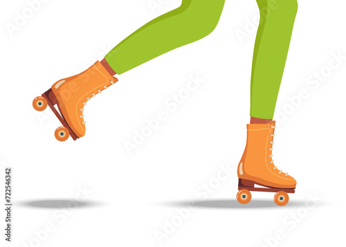 Person skates on rollers. People rollerskater. Girl or guy legs in roller skates standing. Casual comfortable shoes and clothing. Flat Vector isolated on white background