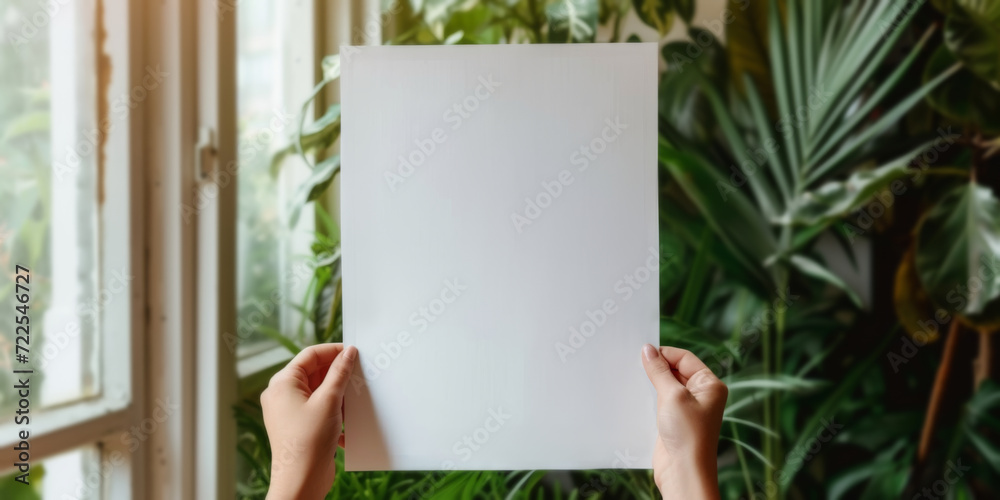 hands holding a blank white paper in front of a window, generative AI hands holding a blank white paper in front of a window, generative AI