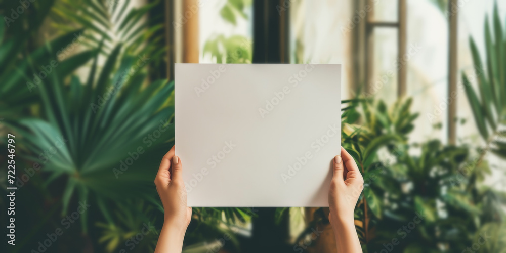 hands holding a blank white paper in front of a window, generative AI hands holding a blank white paper in front of a window, generative AI