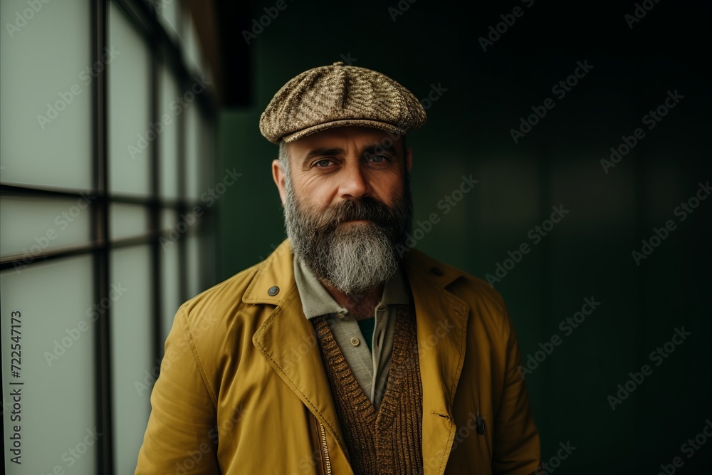 Portrait of a bearded man in a yellow jacket and a cap. Portrait of a bearded man in a yellow jacket and a cap.