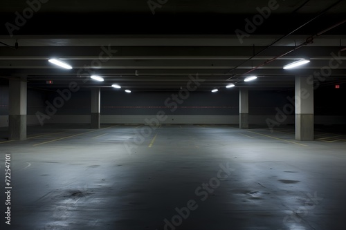 Indoor empty parking garage. Empty underground parking garage. Generative AI. photo