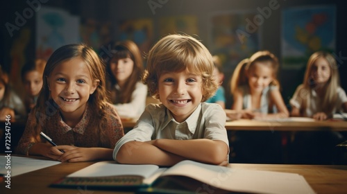 primary elementary school group of children studying in the classroom. learning and sitting at the desk. young cute kids smiling,