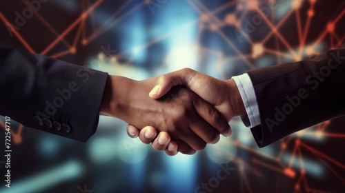 Close up of business people shaking hands against technology background, leader, teamwork, target, Aim, confident, achievement, goal, on plan, finish, generate by AI