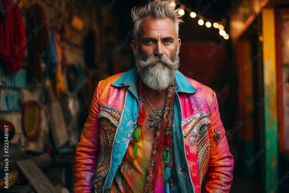 Handsome bearded Indian man in colorful clothes standing in the street.