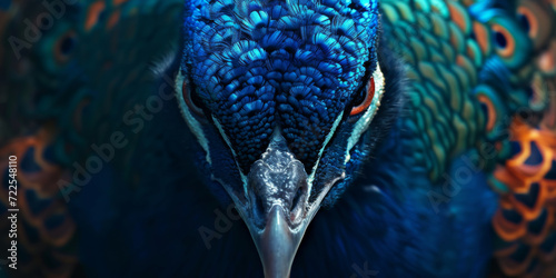 close up of a blue peacock face, generative AI