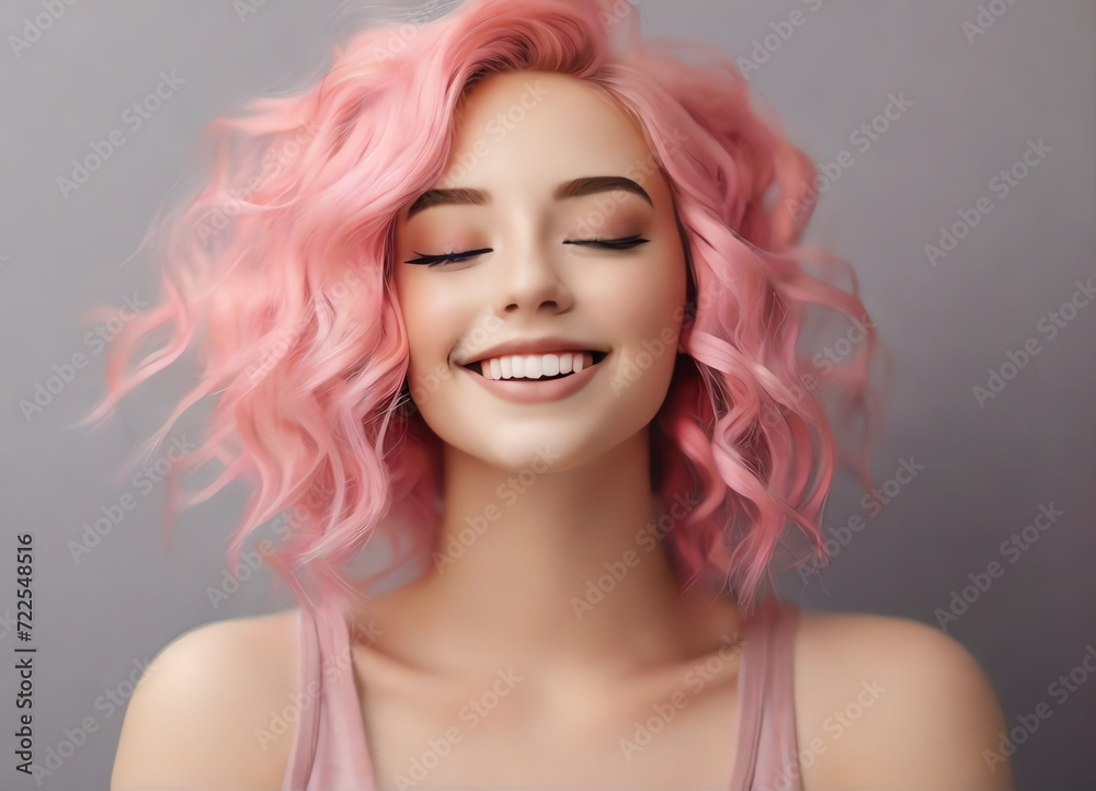 Happy woman with pink hair and flawless skin smiling with her eyes closed from Generative AI
