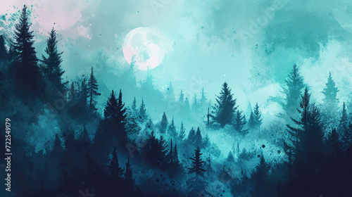 Captivating painting depicting peaceful forest illuminated by light of full moon. Perfect for adding touch of tranquility and mystery to any space