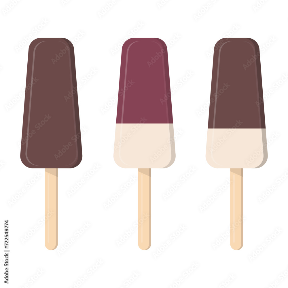 Set of ice cream with chocolate glaze on a stick. Whole chocolate popsicle on a stick. Vector food posters and summer banners. Set of ice cream with chocolate glaze on a stick. Whole chocolate popsicle on a stick. Vector food posters and summer banners.