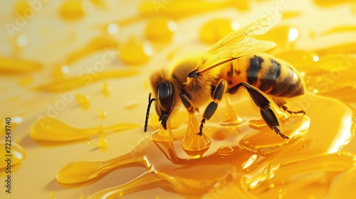 Honeybee on Golden Honey with Droplets. Generative ai