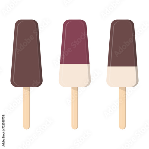 Set of ice cream with chocolate glaze on a stick. Whole chocolate popsicle on a stick. Vector food posters and summer banners.
