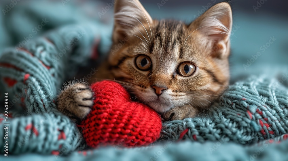 A red knitted heart in the paws of a cat. A postcard with a gray and black fluffy cat A red knitted heart in the paws of a cat. A postcard with a gray and black fluffy cat