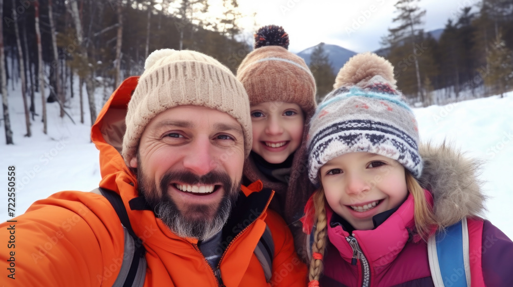 Man is capturing moment with two children in snow. This image can be used to depict fun winter activity and family bonding
