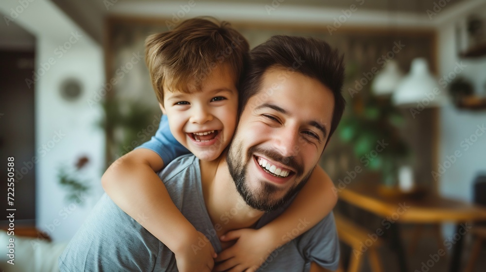 Obraz premium Joyful Father and Son Sharing a Piggyback Ride and Laughter. Generative ai