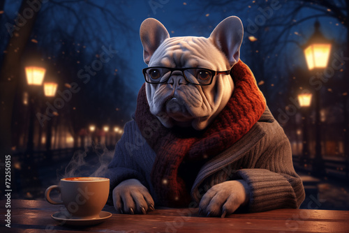 Cozy Bulldog Enjoying a Warm Drink in Winter Evening © LAJT