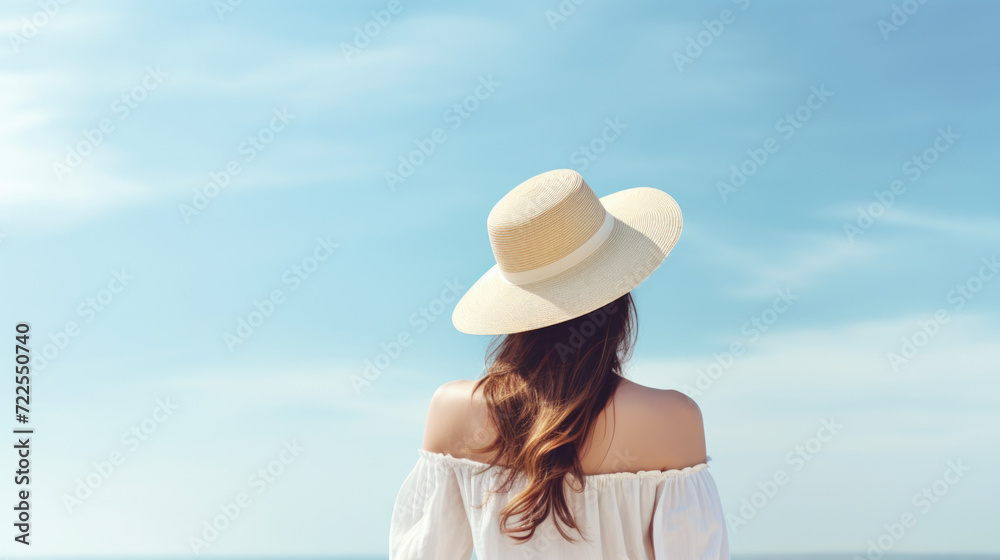 Woman wearing white dress and hat stands by ocean, gazing out at waves. This image can be used to depict serenity and contemplation by sea