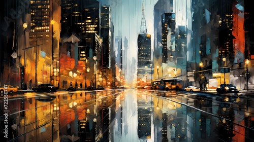 City lights reflected on rain-drenched streets  creating abstract cityscape art