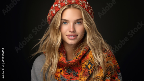Woman wearing scarf and hat. Suitable for fashion, winter, and outdoor-themed projects