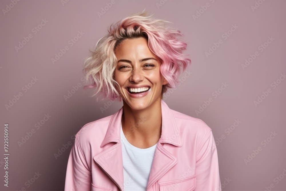 Portrait of a happy young woman with pink hair on grey background