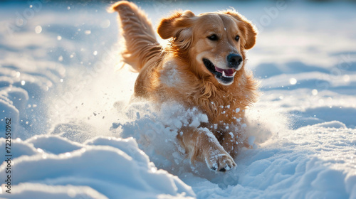 Golden retriever running through snow. Suitable for winter-themed designs and pet-related projects