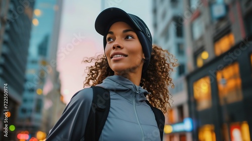 Urban Runner: Confident Woman Jogging Through the City Streets. Generative ai