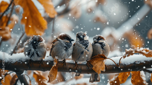 Three birds perched on branch covered in snow. Suitable for winter-themed designs and nature illustrations