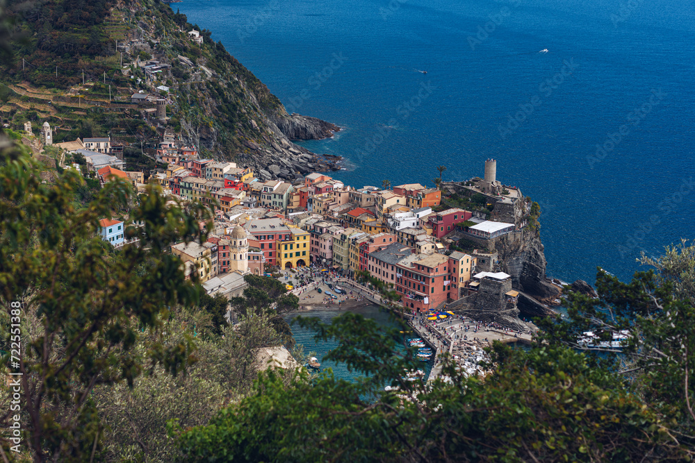 View of Vernazza, a town and commune located in the province of La Spezia, Liguria, northwestern Italy and one of the five towns that make up the Cinque Terre region.