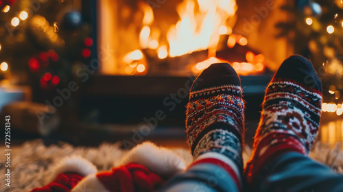 Cozy scene featuring person's feet in socks resting in front of warm fireplace. Perfect for illustrating comfort and relaxation.