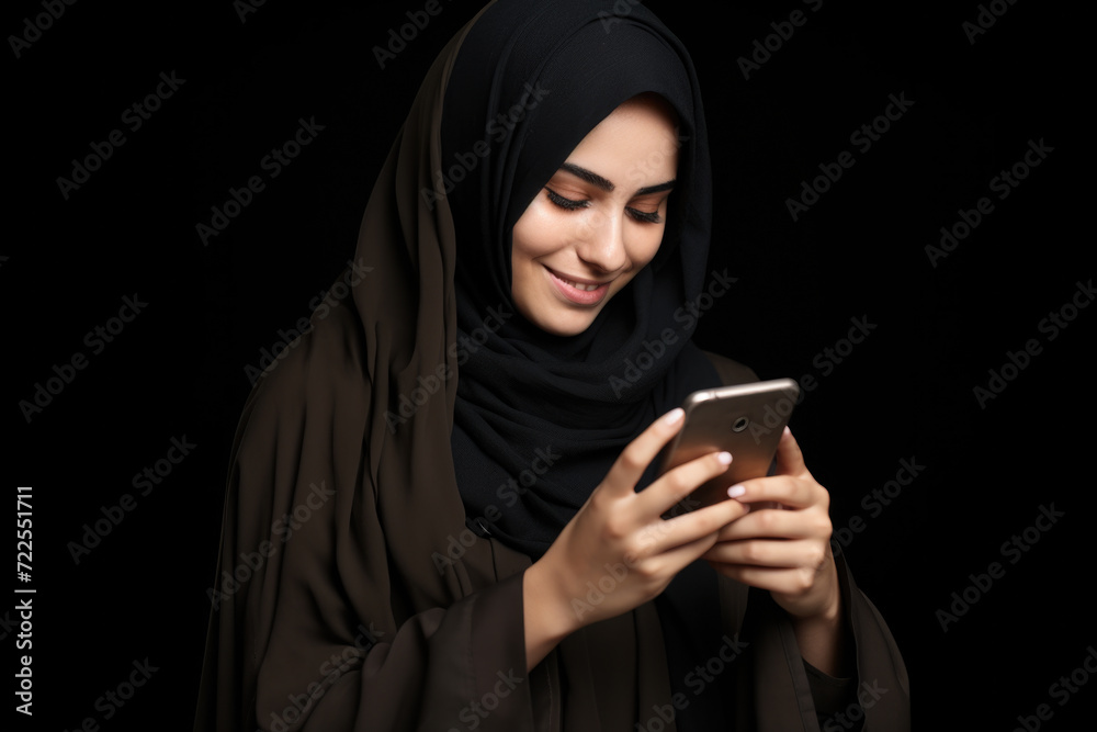 Woman wearing black hijab looking at her smart phone. Can be used to depict modern technology and communication in diverse cultures Woman wearing black hijab looking at her smart phone. Can be used to depict modern technology and communication in diverse cultures