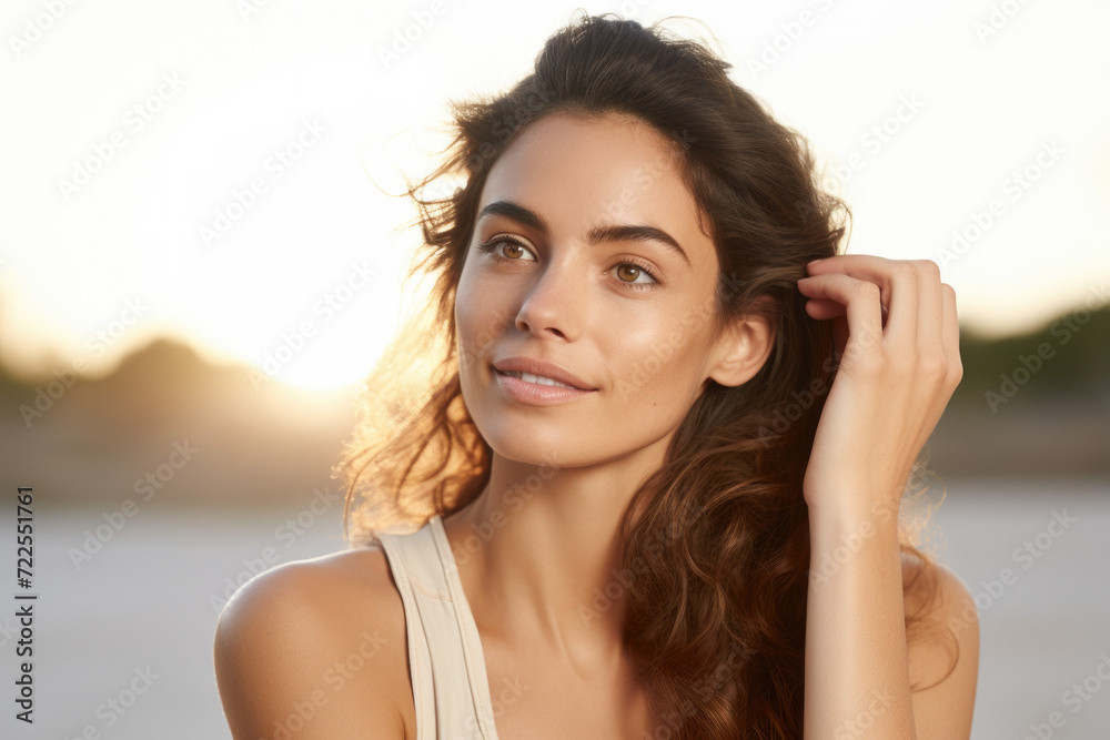 Stunning young woman with flowing brown hair