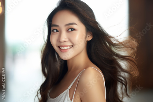Free Download Woman with long brown hair smiling at camera. Perfect for lifestyle blogs and beauty advertisements - GFXLoad