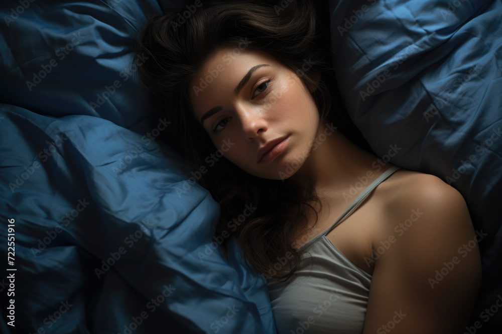 Naklejka premium Woman is shown laying in bed with blue sheets. This image can be used to depict relaxation, sleep, comfort, or bedroom setting