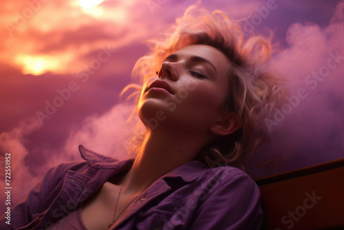 Woman sitting on bench with her eyes closed. This image can be used to represent relaxation, meditation, or peace