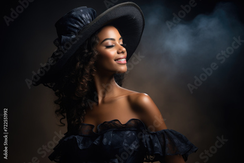 Woman wearing black dress and black hat. Suitable for fashion, mystery, or formal event themes