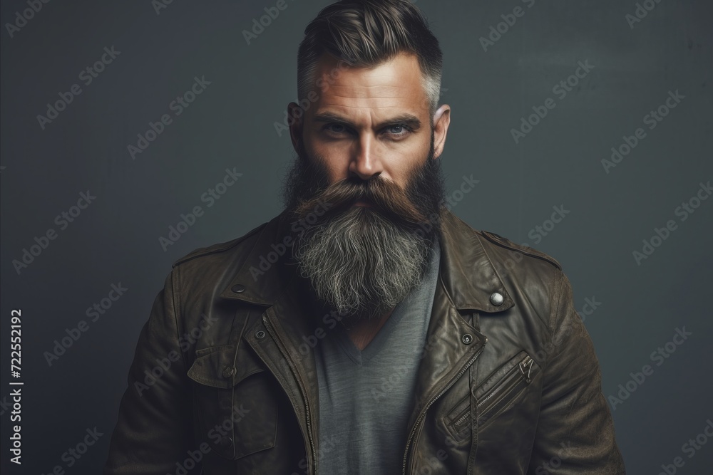 Portrait of a handsome brutal man with long beard and mustache in leather jacket. Portrait of a handsome brutal man with long beard and mustache in leather jacket.