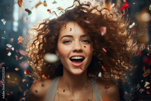 Woman with curly hair is smiling while surrounded by confetti. Perfect for capturing joyful moments and celebrations