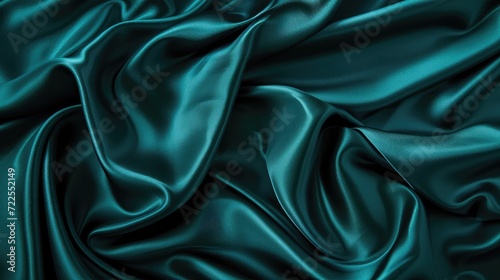 Dark teal green silk satin. Shiny smooth fabric. Soft folds. Luxury background with space for design. web banner. Flat lay, top view table. Birthday, Christmas