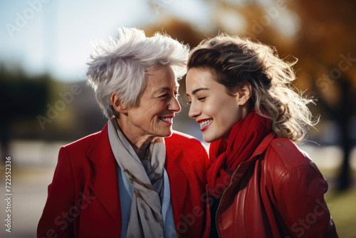 Older woman and younger woman sharing smile. Suitable for various uses