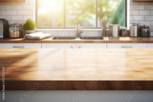 Wooden countertop in kitchen with window nearby. Suitable for home improvement and interior design projects © vefimov