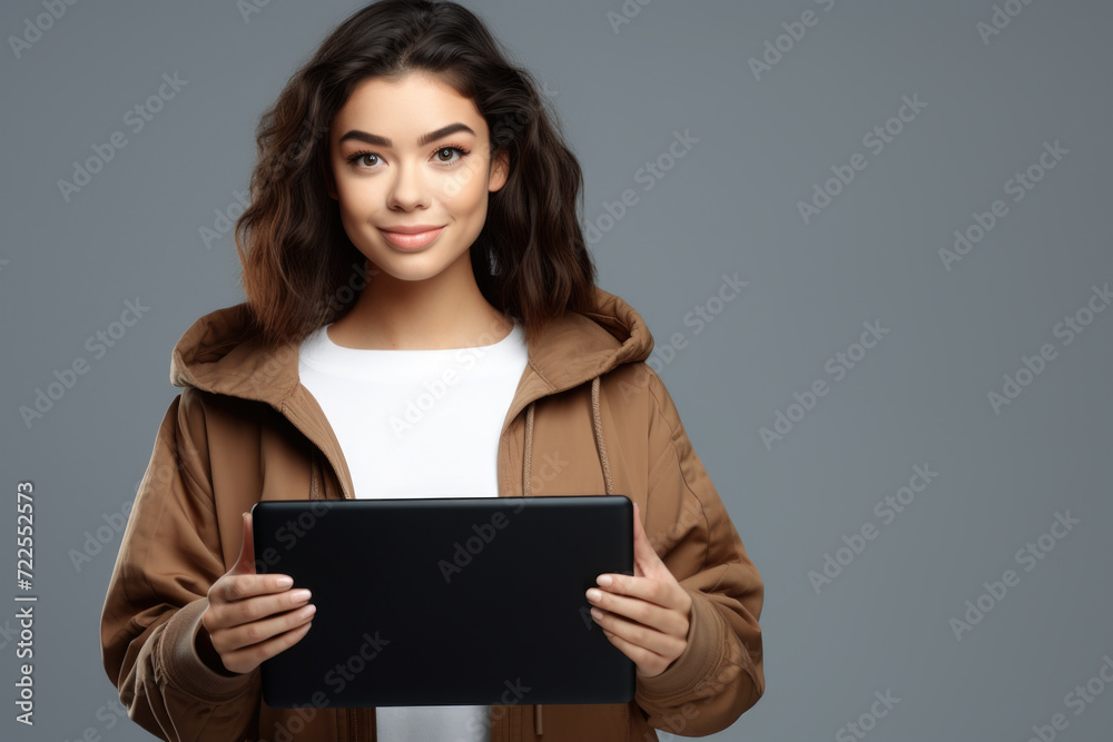 Woman wearing brown jacket holds laptop. Suitable for technology-related projects Woman wearing brown jacket holds laptop. Suitable for technology-related projects