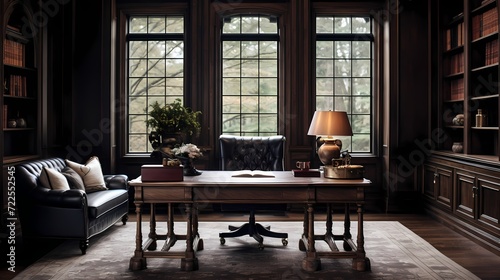 Classic-inspired home office with dark wood paneling, a stately desk, and vintage-inspired decor © CREATER CENTER