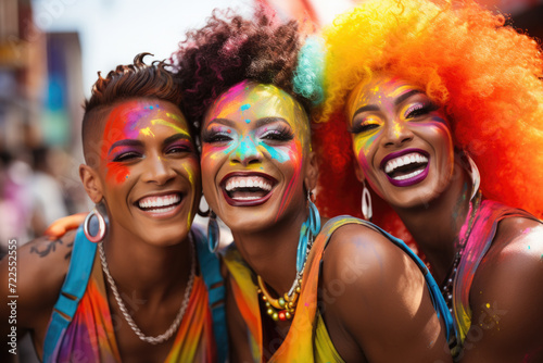 Group of women with vibrant and creative hairstyles and colorful face paint. Perfect for fashion, festivals, and artistic concepts